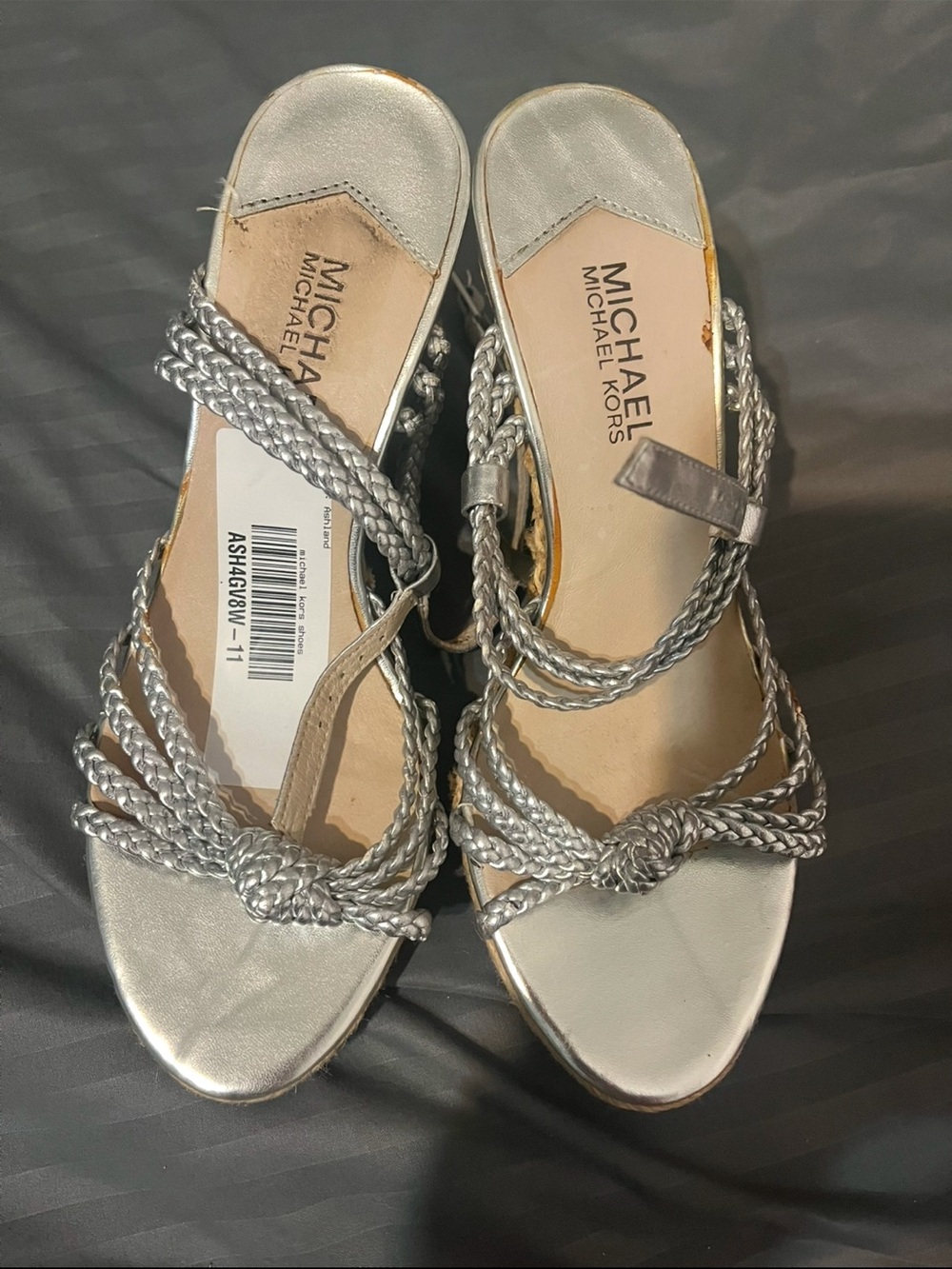 Michael Kors Metallic Silver Braided Strap Women's Sandals